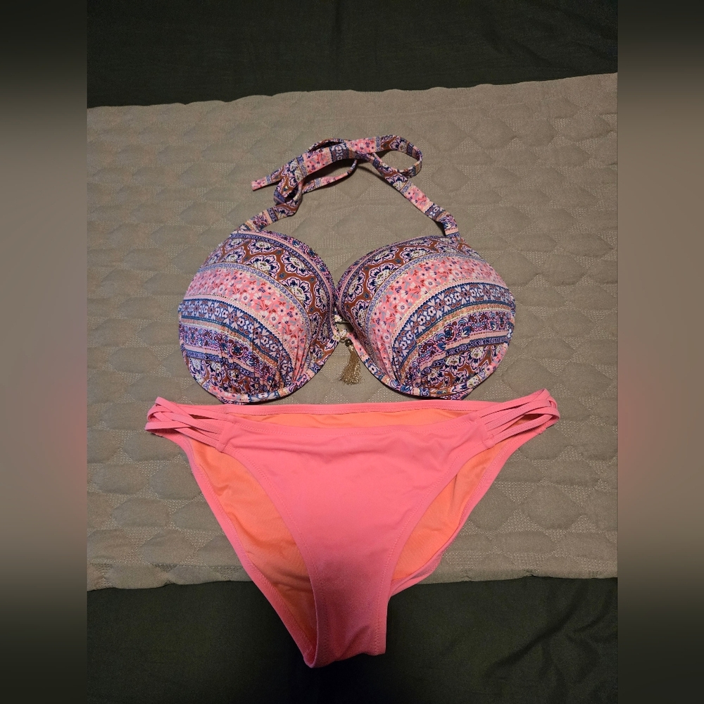 Shade & Shore Coral Pink Swim Top And Bottom Top 38DDD Xl